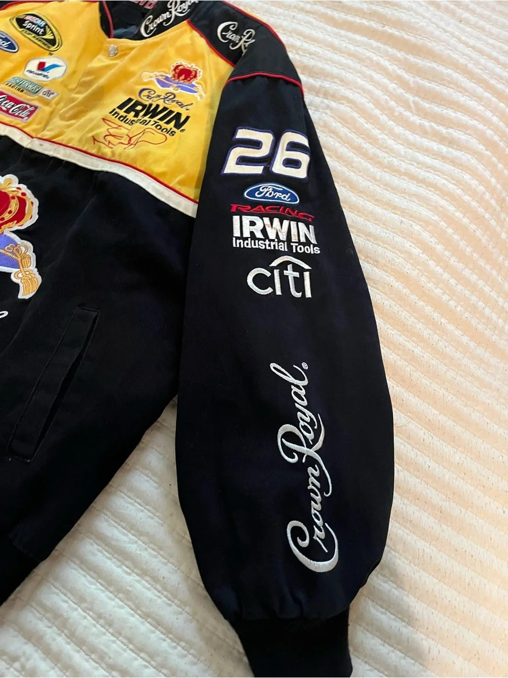 Nascar Crown Royal Black and Yellow Racing Bomber Jacket Jamie McMurray XL